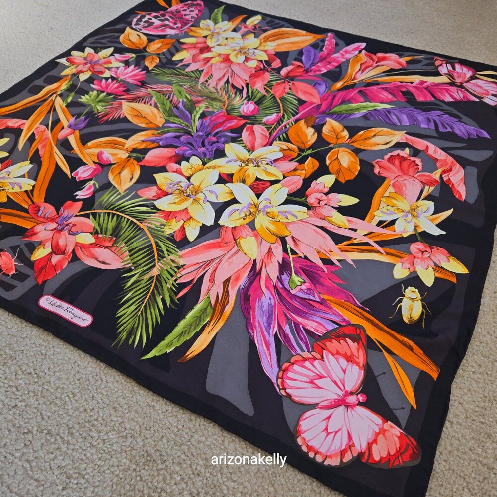 Salvatore Ferragamo Silk Scarf Hand-Rolled Hems Butterfly in Flower Garden - Picture 11 of 12